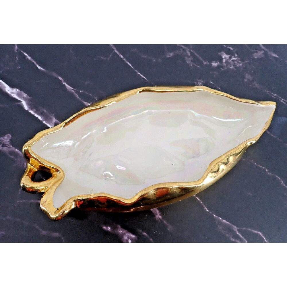 22K Gold Warranted USA Gold Guilt Leaf Dish Iridescent White Interior VTG MCM 9"